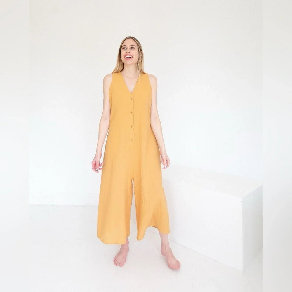 7115 BY SZEKI Wide Legged Linen Cotton Jumpsuit in Golden Yellow - Picture 13 of 13